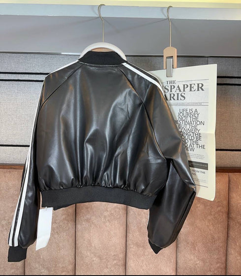 Stripes Crop PU Leather Jacket